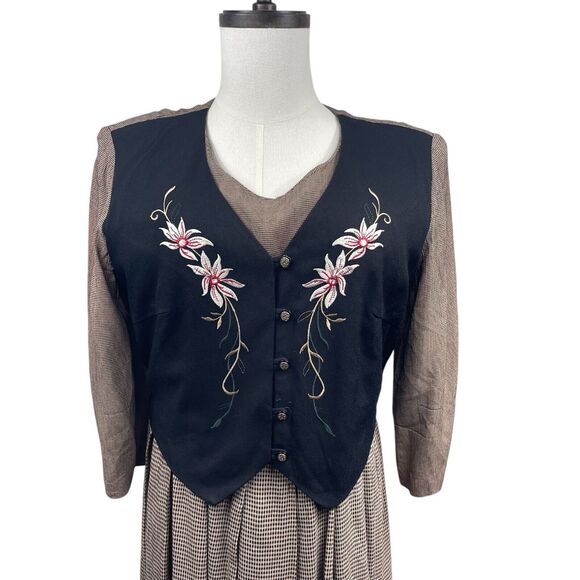 VTG 80s Tan Black Maxi Dress XL Embroidered Vest Cottage Boho Prairie Gingham - Picture 2 of 11